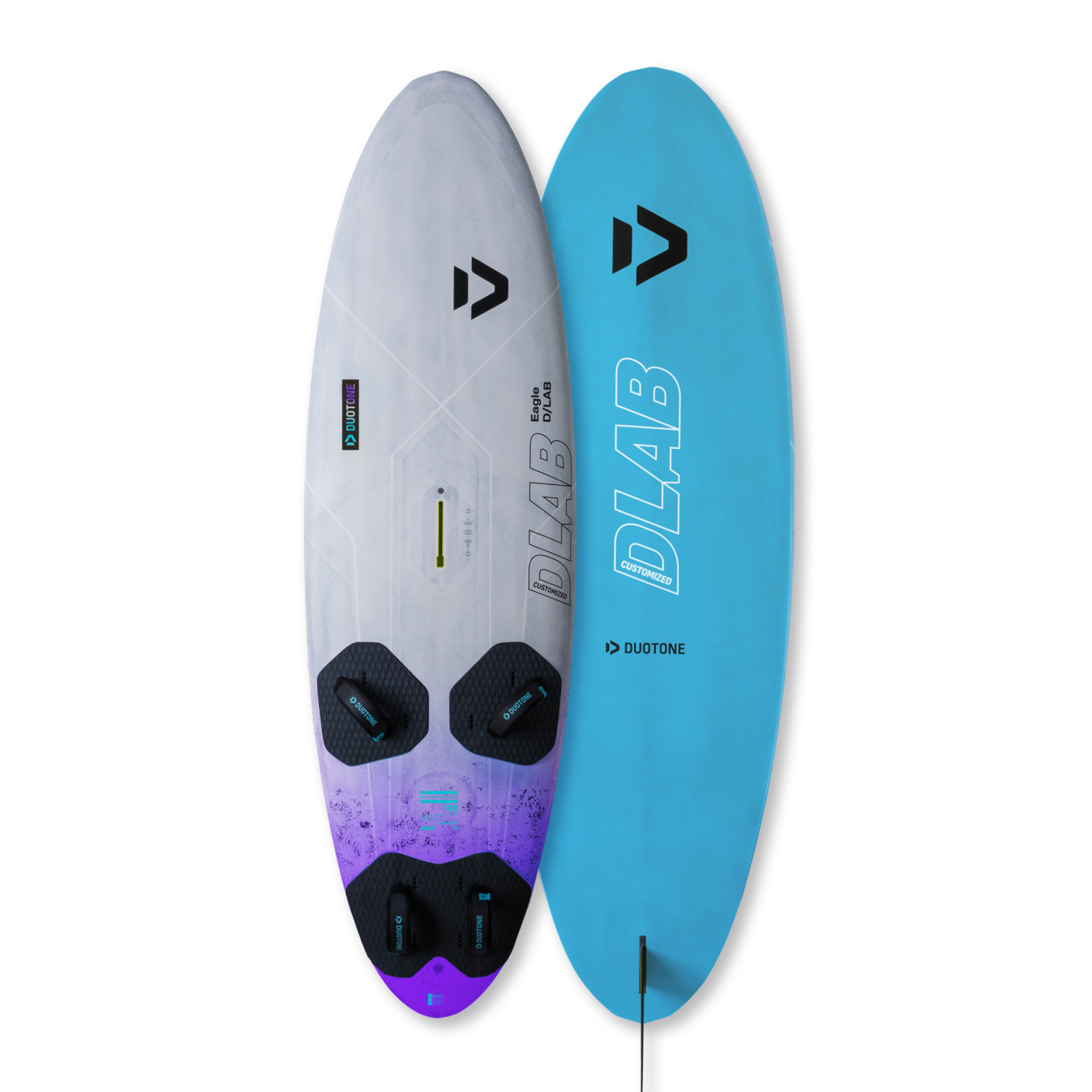 Duotone Eagle D/LAB Board - Windsport Fehmarn Vorder- und Rückseite des Duotone Eagle D/LAB Wingfoil-Boards in Grau, Blau und Violett vor weißem Hintergrund.