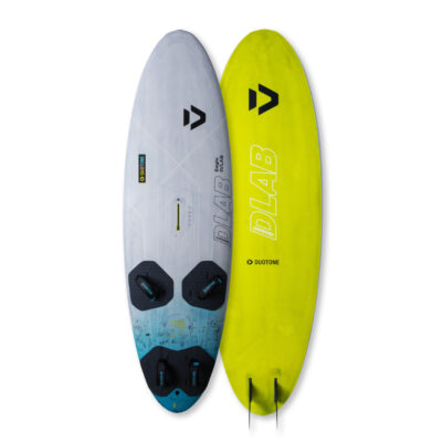 Vorder- und Rückansicht des gelb-grauen Duotone Eagle D/LAB Surfboards auf weißem Hintergrund.