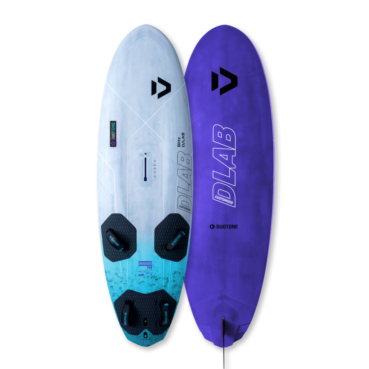 Duotone Blitz D/LAB Wingfoil Board - Windsport Fehmarn Zwei Duotone Blitz D/LAB Wingfoil-Boards, eines in Weiß mit blauem Heck und eines in Violett, vor weißem Hintergrund.