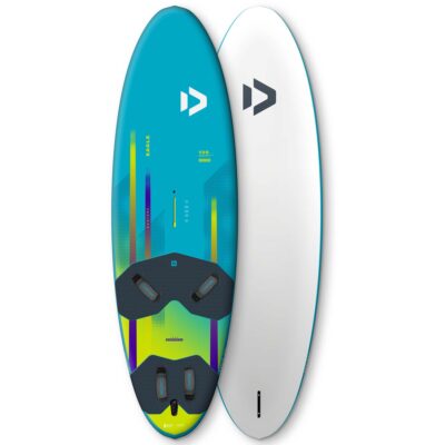 Vorder- und Rückseite des Duotone Eagle 130 Windsurfboards in Türkis, Weiß und Gelb vor weißem Hintergrund.