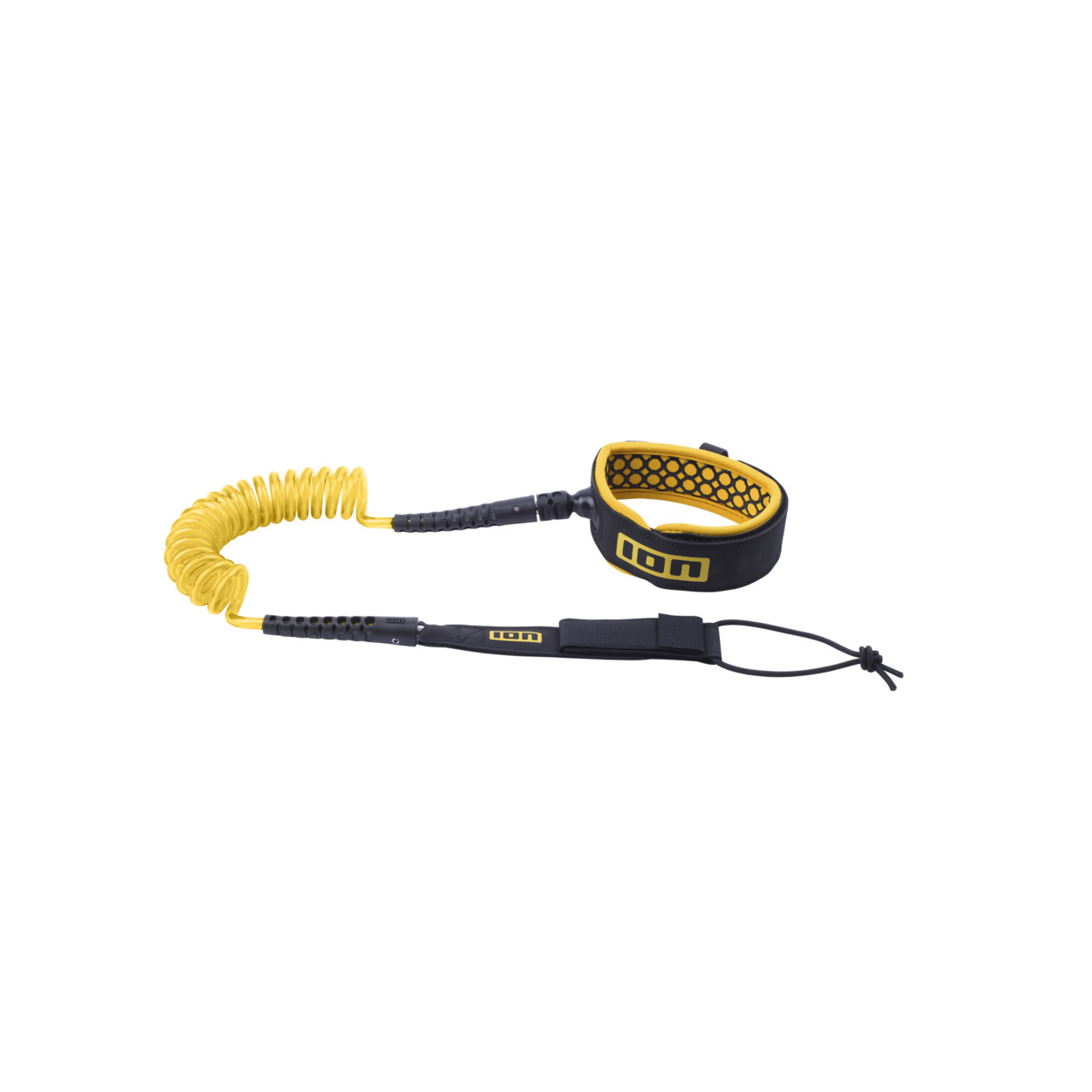 ION Wingfoiling Leash schwarz gelb - Windsport Fehmarn ION Leash für Wingfoiling mit gelber Spiralleine, gepolsterter Manschette und schwarzem Klettverschluss auf weißem Grund.