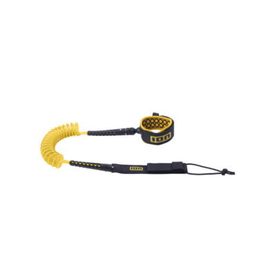 Gelbe ION Spiral-Leash mit schwarzer Manschette und Befestigungsschlaufe vor weißem Hintergrund.