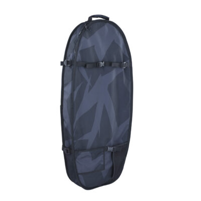 Schwarze, ovale Boardbag mit Tarnmuster und verstellbaren Schnallen vor weißem Hintergrund.