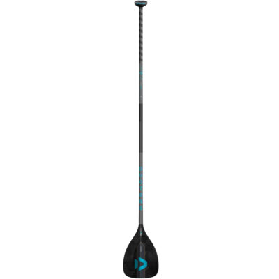 Ein schwarzes Carbon-SUP-Paddel von Duotone mit türkisblauem Logo vor weißem Hintergrund.