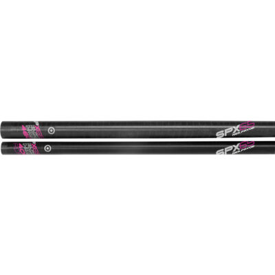 Zwei schwarze NeilPryde SPX 65 Windsurf-Masten mit Carbon-Optik, weißem Logo und pinkfarbener Beschriftung.