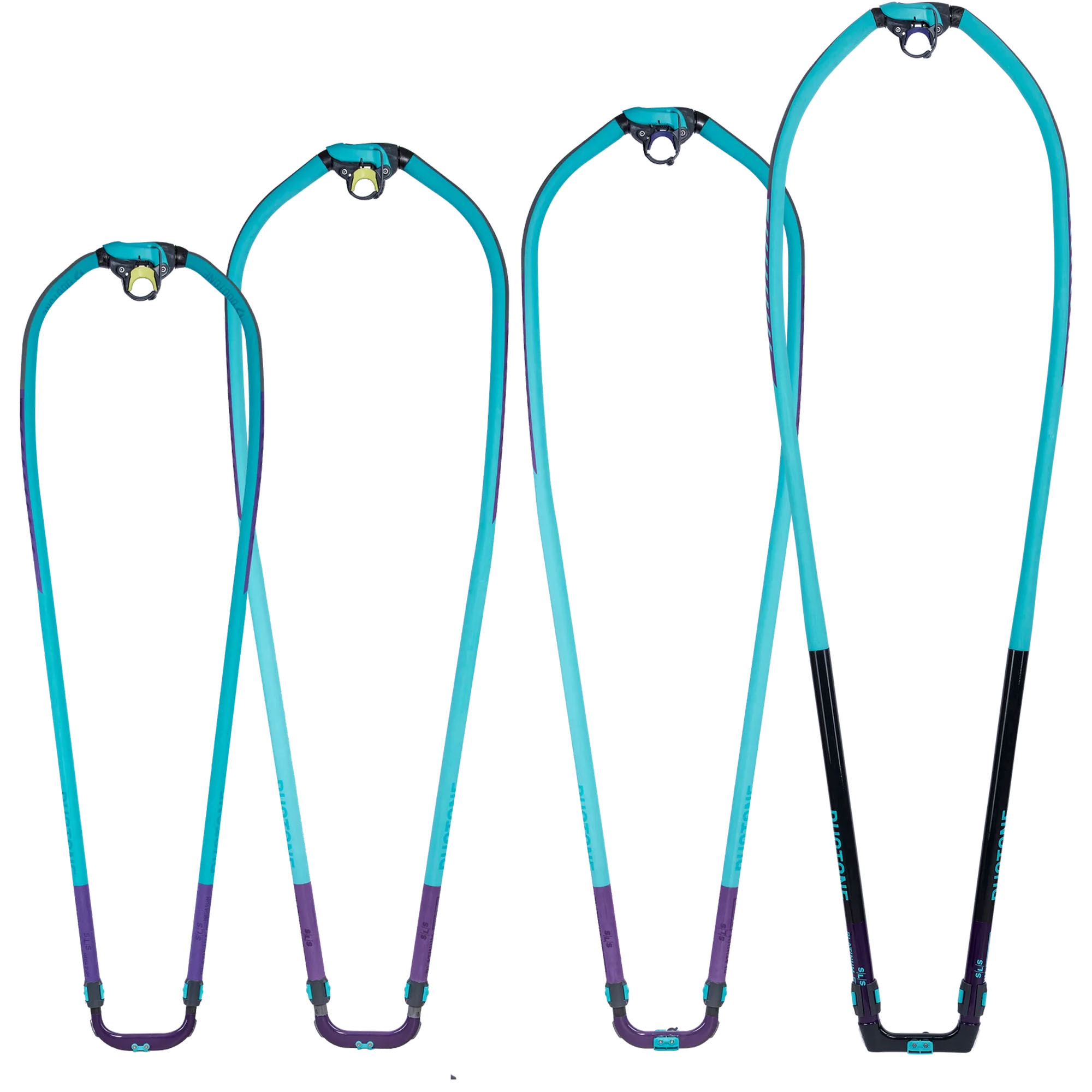 Duotone Platinum SLS Gabelbäume - Windsport Fehmarn Vier Duotone Platinum SLS Windsurf-Gabelbäume in verschiedenen Größen mit türkisen und violetten Akzenten.