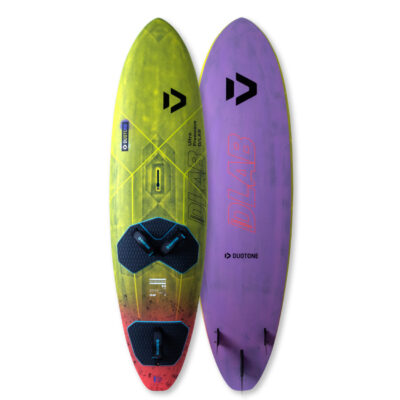 Vorder- und Rückansicht des Duotone Ultra FreeWave DLAB 2026 Windsurfboards in Gelb, Lila und Rot.