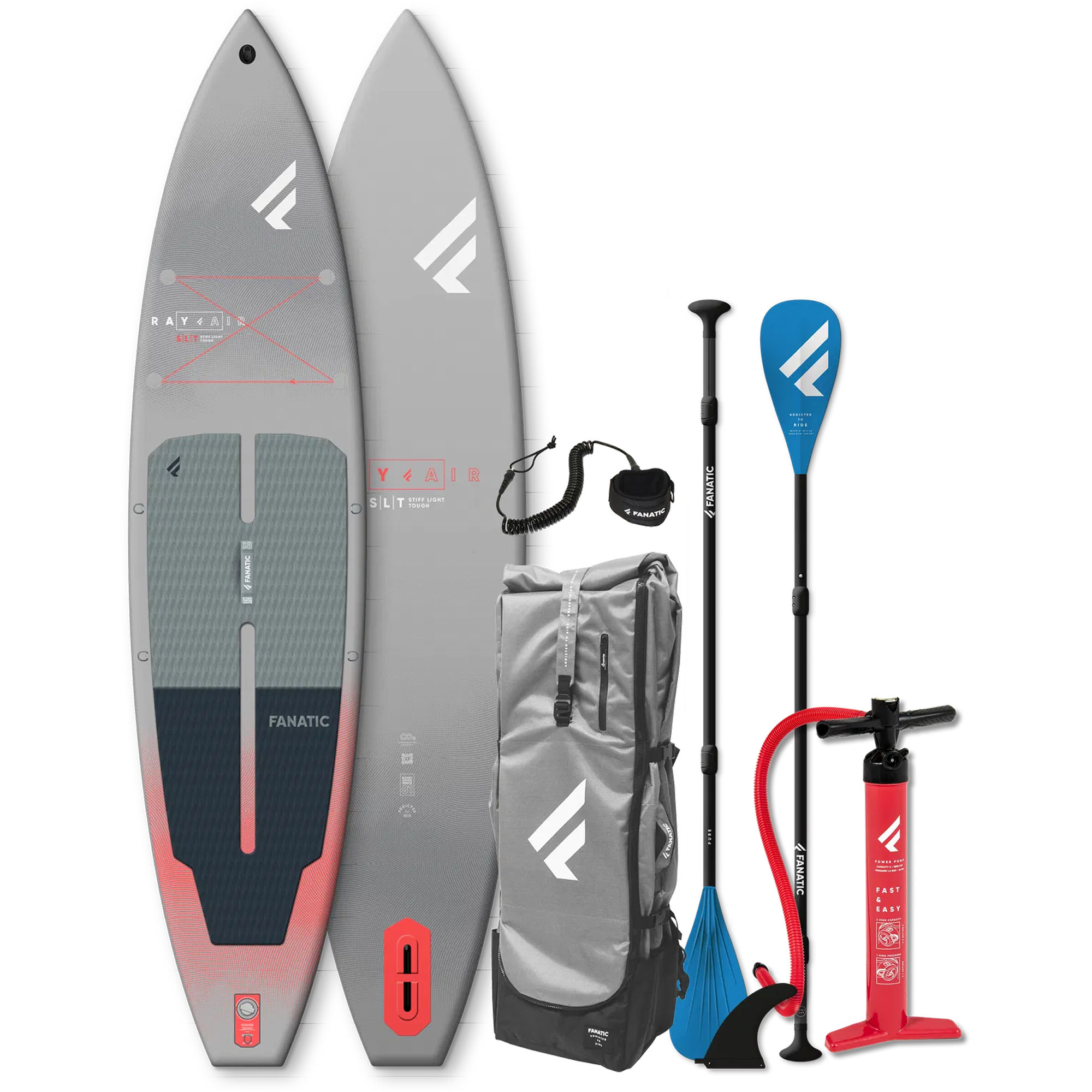 Fanatic Ray Air SUP Set - Windsport Fehmarn Fanatic Ray Air SLT Stand-Up-Paddle-Set mit Board, Paddel, Rucksack, Pumpe und Leash vor weißem Hintergrund.