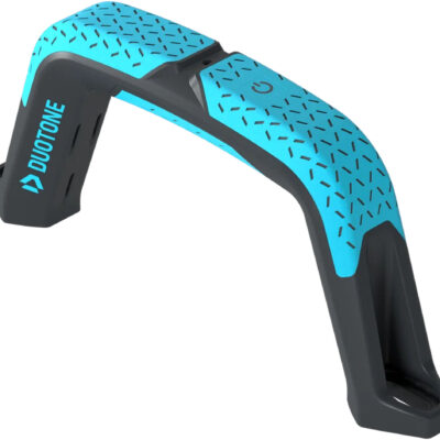 Ein blau-grauer Duotone Handle für Kitesurf-Boards mit rutschfester Struktur und Power-Symbol.