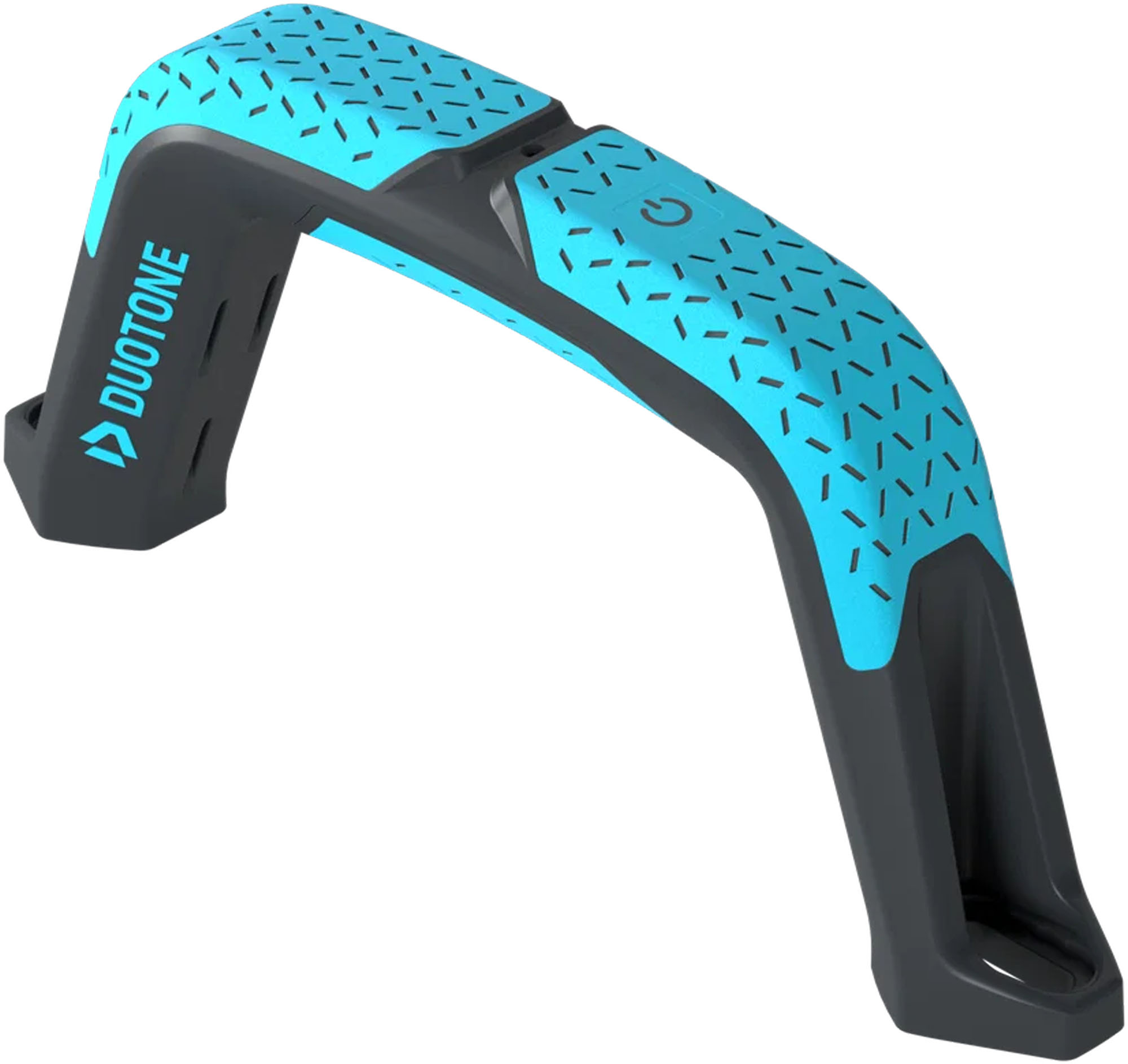 Duotone Kitesurfing Handle - Windsport Fehmarn Ein blau-grauer Duotone Handle für Kitesurf-Boards mit rutschfester Struktur und Power-Symbol.
