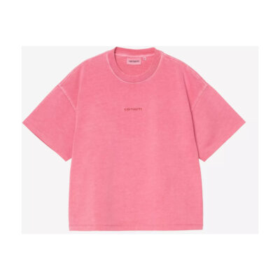 Rosa Carhartt WIP Benton T-Shirt mit Rundhalsausschnitt und gesticktem Logo auf der Brust vor weißem Hintergrund.