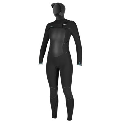 Schwarzer O'Neill Damen-Neoprenanzug mit Kapuze und Frontreißverschluss, isoliertes Modell für kalte Gewässer.