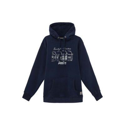 Dunkelblauer Kapuzenpullover mit weißem Grafikdruck von vier verschiedenen VW-Bus-Modellen und Vanlove-Schriftzug.