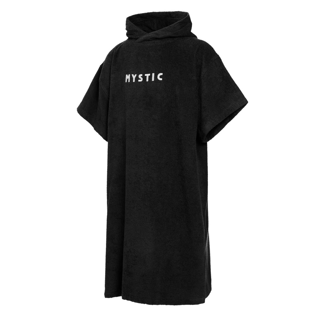 Mystic Surf Poncho Schwarz - Windsport Fehmarn Schwarzer Mystic Surf-Poncho aus Frottee mit Kapuze und weißem Markenlogo auf der Brust.