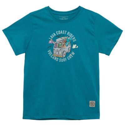 Petrolfarbenes T-Shirt für Kinder mit 'Lava Coast Riders' Surf-Bus-Illustration auf der Brust.