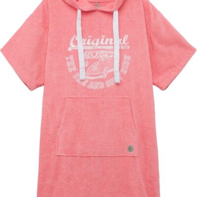 Pinker Frottee-Poncho mit Kapuze und weißem Bulli-Print auf der Vorderseite.