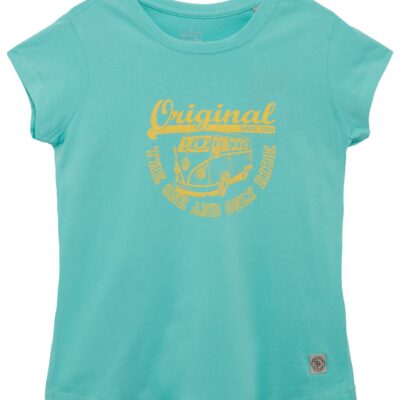 Türkisfarbenes T-Shirt für Damen mit gelbem Vintage-Bulli-Druck auf der Brust und kleinem Markenlogo am unteren Saum.