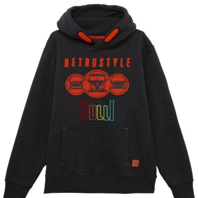 Dunkelgrauer Unisex-Kapuzenpullover mit orangefarbenem Bulli-Print und Retrostyle-Schriftzug auf der Brust.