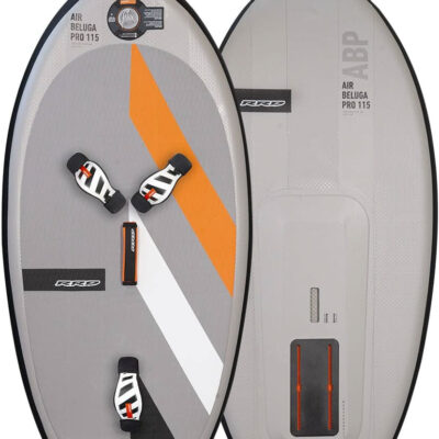 Ansicht der Ober- und Unterseite des aufblasbaren RRD Air Beluga Pro 115l Wingfoil-Boards vor weißem Hintergrund.