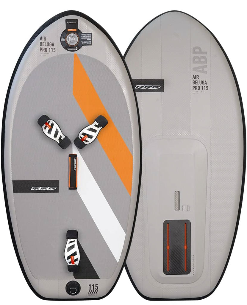RRD Air Beluga Pro 115l - Windsport Fehmarn Ansicht der Ober- und Unterseite des aufblasbaren RRD Air Beluga Pro 115l Wingfoil-Boards vor weißem Hintergrund.